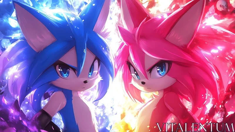 Electric fox twins blaze in blue and pink stardust showdown.