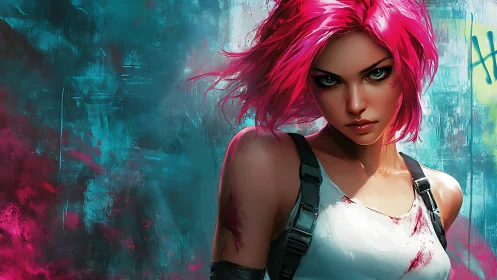 Neon haired fighter against teal graffiti urban backdrop.