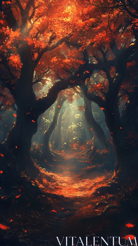 Autumn Forest Path with Glowing Trees and Falling Leaves