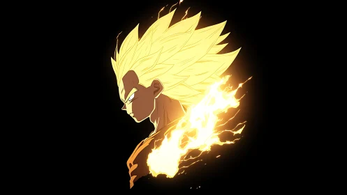 Golden haired anime warrior profile ignites with blazing aura