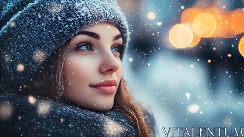 Woman in snowfall with soft bokeh city lights background.