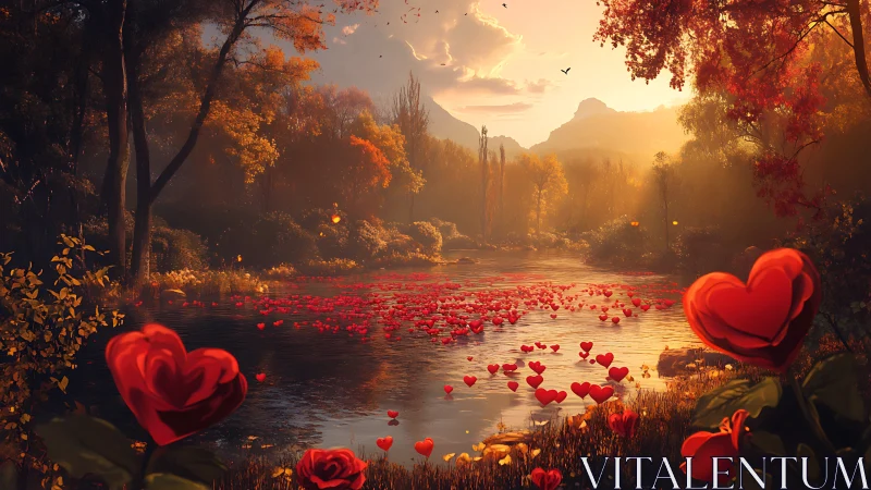 Romantic Fantasy Landscape with Red Hearts by Sunset River