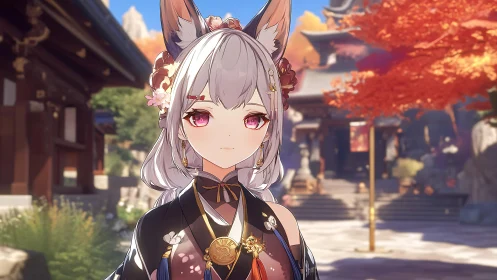 Fox-eared anime girl stands in detailed shrine courtyard