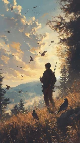 Solitary hunter observes distant valley under scattered birds