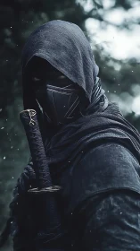 Hooded duskblade sentinel poised in silent forest vigil.