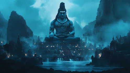Colossal blue deity over mist-shrouded temple city.