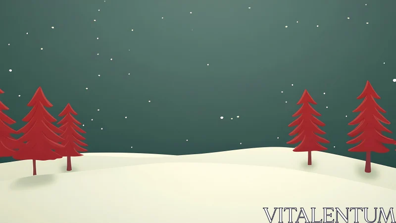Minimal winter scene with red trees on snowy hills.