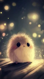 Fluffy glowing creature gazes up in a dreamy nightscape.