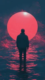 Backlit silhouette facing neon magenta sun over dark water