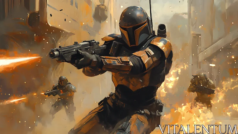 Armored sci fi troopers advance through blazing urban warzone.