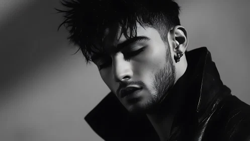 Moody monochrome portrait of young man in leather jacket.