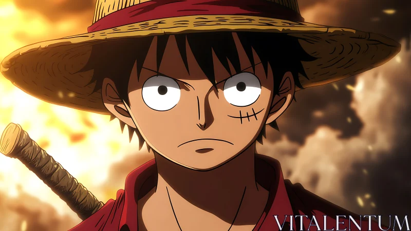 Straw hat cartoon character faces forward in close portrait