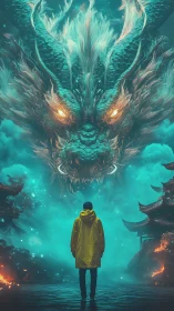 Lone figure confronts colossal teal dragon in burning mist
