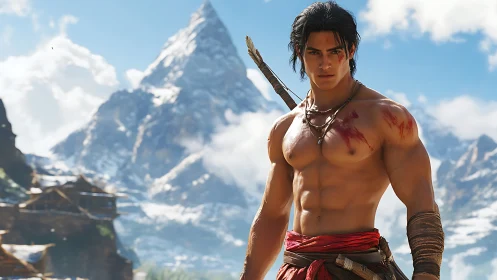 Warrior stands wounded before towering snow peak