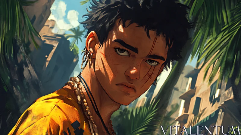 Sunlit street wanderer meets the viewer with steady resolve