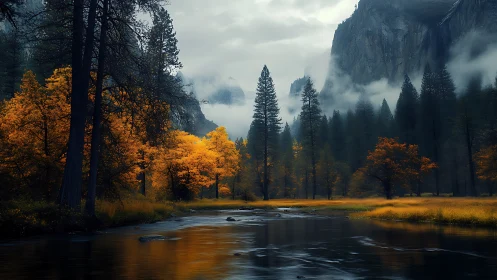 Foggy mountain valley river with orange autumn trees at dusk.