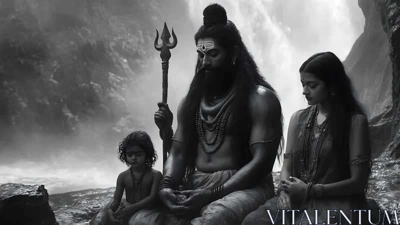 Sacred family shares quiet meditation by misty waterfall