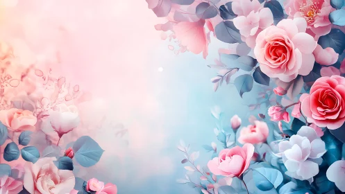 Blooming Garden. Pink Roses and Blue Foliage in Soft Focus.