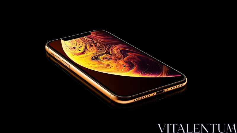 Gold iPhone XS displaying abstract liquid swirl screensaver design