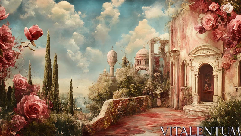 Romantic Mediterranean terrace with rose-laden palace garden.