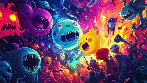 Digital painting of cosmic monster swarm in neon color fields.