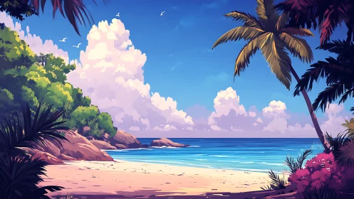 Tropical Beach Paradise. Golden Palms Frame Crystalline Lagoon.