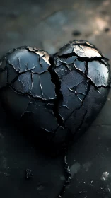 Fractured black heart sculpture with charred, flaking surface texture