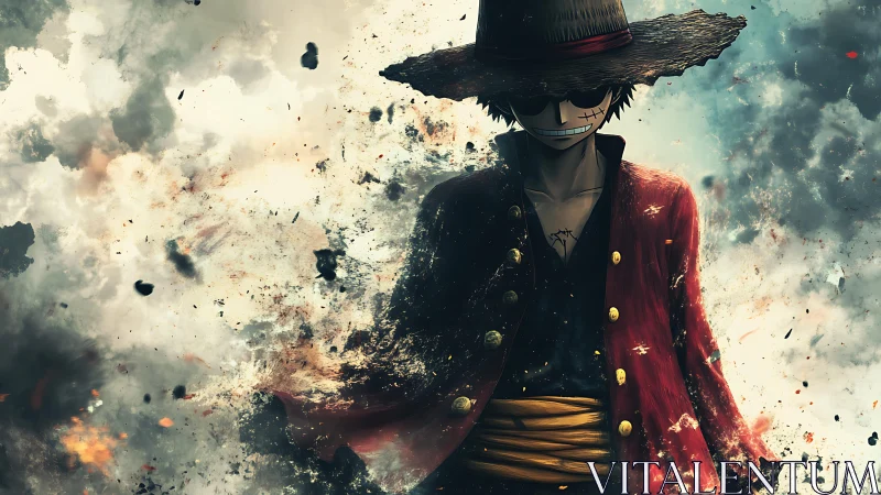 Straw hat anime pirate walks through smoke and sparks.