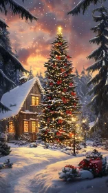 Snowy forest cabin glows beside a sparkling Christmas tree.