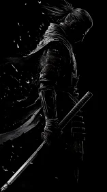 Monochrome side-profile ronin silhouette with katana draw stance
