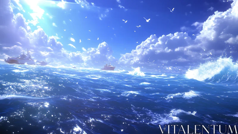 Wide ocean view shows cargo vessels under scattered cumulus clouds