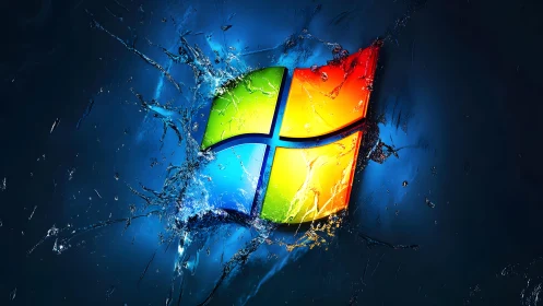 Windows logo bursting through water in vibrant digital art style.