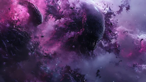 Alien creature emerging in swirling purple cosmic fog.