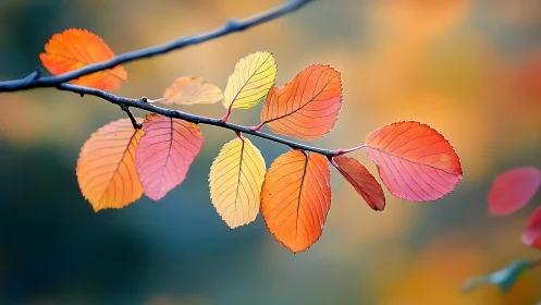 Chromatic autumn leaf phyllotaxis on shallow-focus branch.
