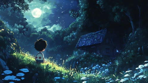 Moonlit forest clearing with child figure observing distant cabin