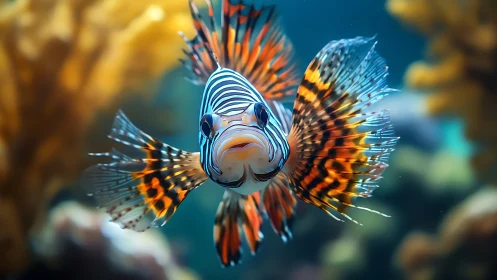 Striking lionfish gliding through a softly lit coral reef.
