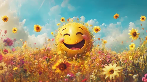 Smiling emoji face in bright flower meadow under sky.