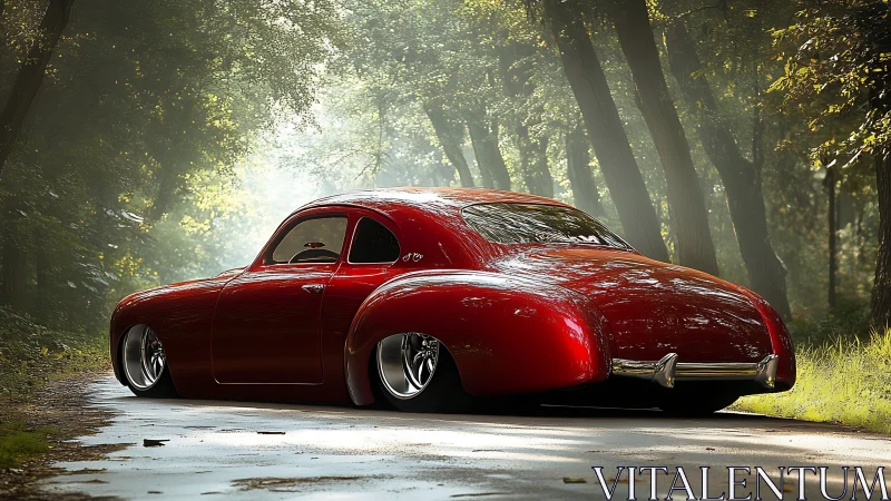 Streamlined red coupe parked on forest edge roadway.