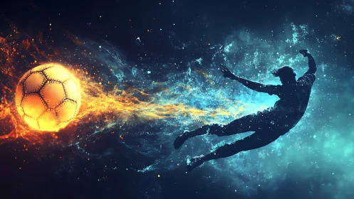 Dynamic soccer striker silhouette with fiery cosmic ball.