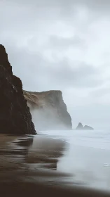 Foggy basalt sea cliffs with wet reflective shoreline at low tide