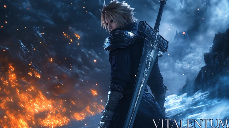 Stormlit swordbearer amid blazing rift and frozen sea.