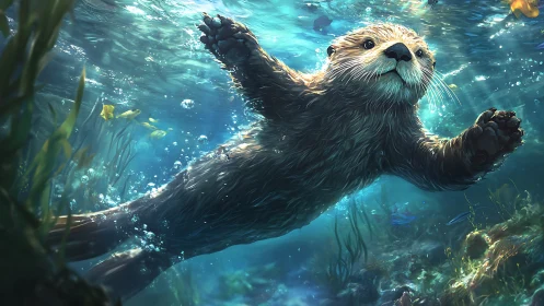 Digital illustration of otter underwater in kelp forest.