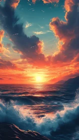 Storm-kissed sunset ocean roaring under painted skies.