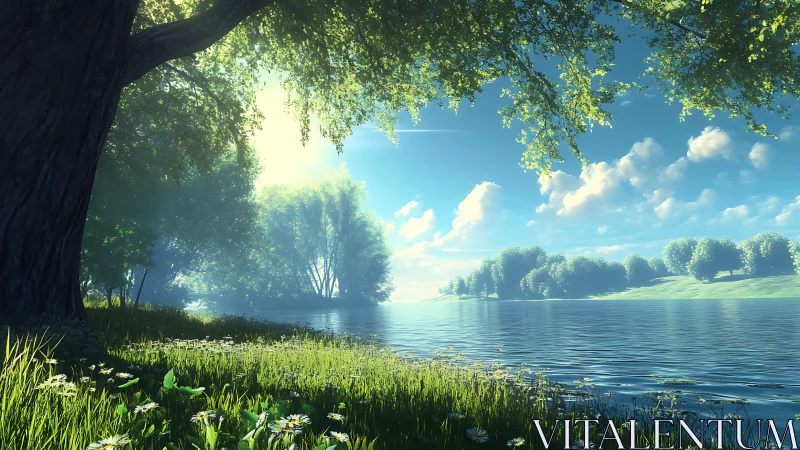 Sunlit riverside meadow glows beneath a clear blue sky