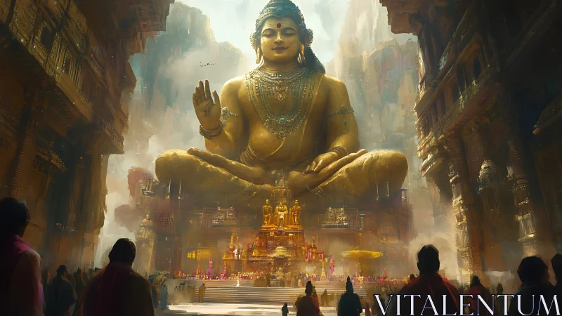 Colossal golden deity presides over misty mountain temple city