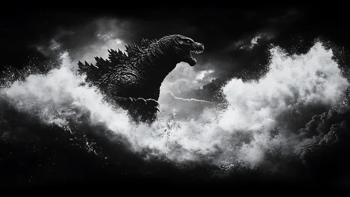 Storm-lashed sea crowns a roaring titan in monochrome fury