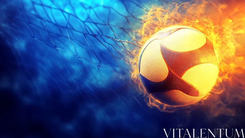 Fire-lit volleyball impacts net against defocused blue background