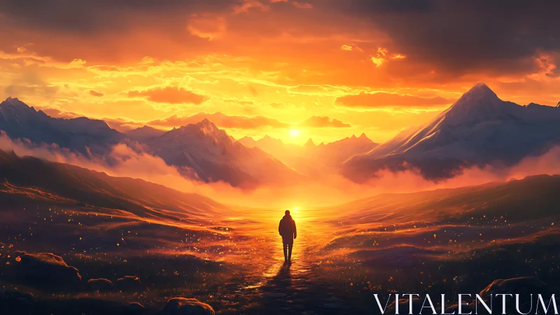 Lone wanderer crossing a molten sunrise between silent peaks.