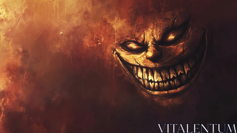 Grinning cracked demon face in dark fiery abstract void.