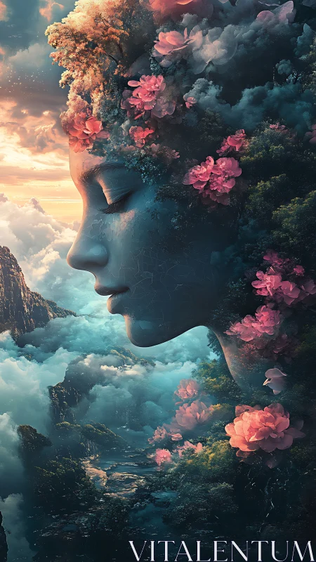 Serene goddess of nature dreams above a misty fantasy valley